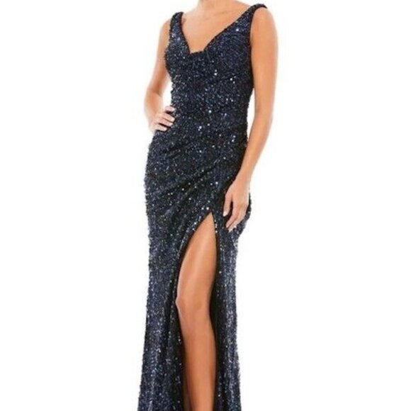 Ieena Mac Duggal Midnight Blue Black Sequin Sleeveless Gown